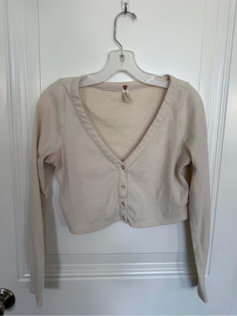 PacSun Cream Waffle V-Neck Button-Up Crop Sweater